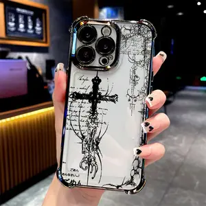 Luxury Black Gothic Cross Phone Case Suitable for iPhone 17 16e 16 15 14 13 12 11 Mini Pro Max Air X XR XSMAX 8 7 Plus Anti Fall Transparent Soft Back Cover