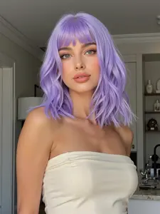 14 Inch Purple Short Wavy Wigs for Women, Gorgeous Fluffy Wigs with Bangs, Synthetic Full Machine Wigs for Party, Daily Use, Wavy Synthetic Hairpiece, Synthetic Material Wigs