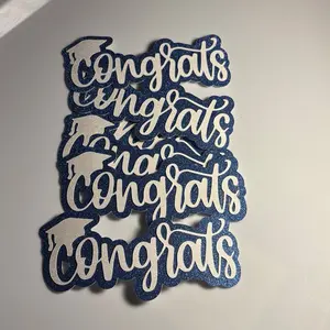 White Glitter “Congrats” Cake Toppers with Blue Glitter Shading – 4” x 2.5”