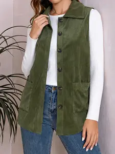 Women's Plain Corduroy Lapel Vest, Single Button Pocket Design, Vintage Versatile, Daily Commute Preferred, Casual Fashion