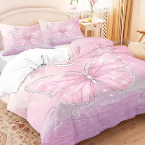 3pcs Pink Butterfly Print Bedding Set, Including 1 quilt cover & 2 Pillowcase without Filler, Soft Comfortable Bedding Set for Home Bedroom, Soft Bedding Sets