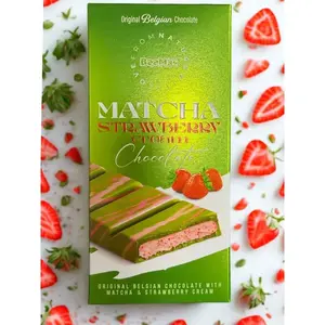 Beemax Matcha Strawberry Cream Chocolate Bar - Premium Imported Milk Chocolate Filled with Matcha Green Tea & Strawberry Cream - Luxurious Middle Eastern Candy, Gourmet Sweet Gift Treat Snack Dessert
