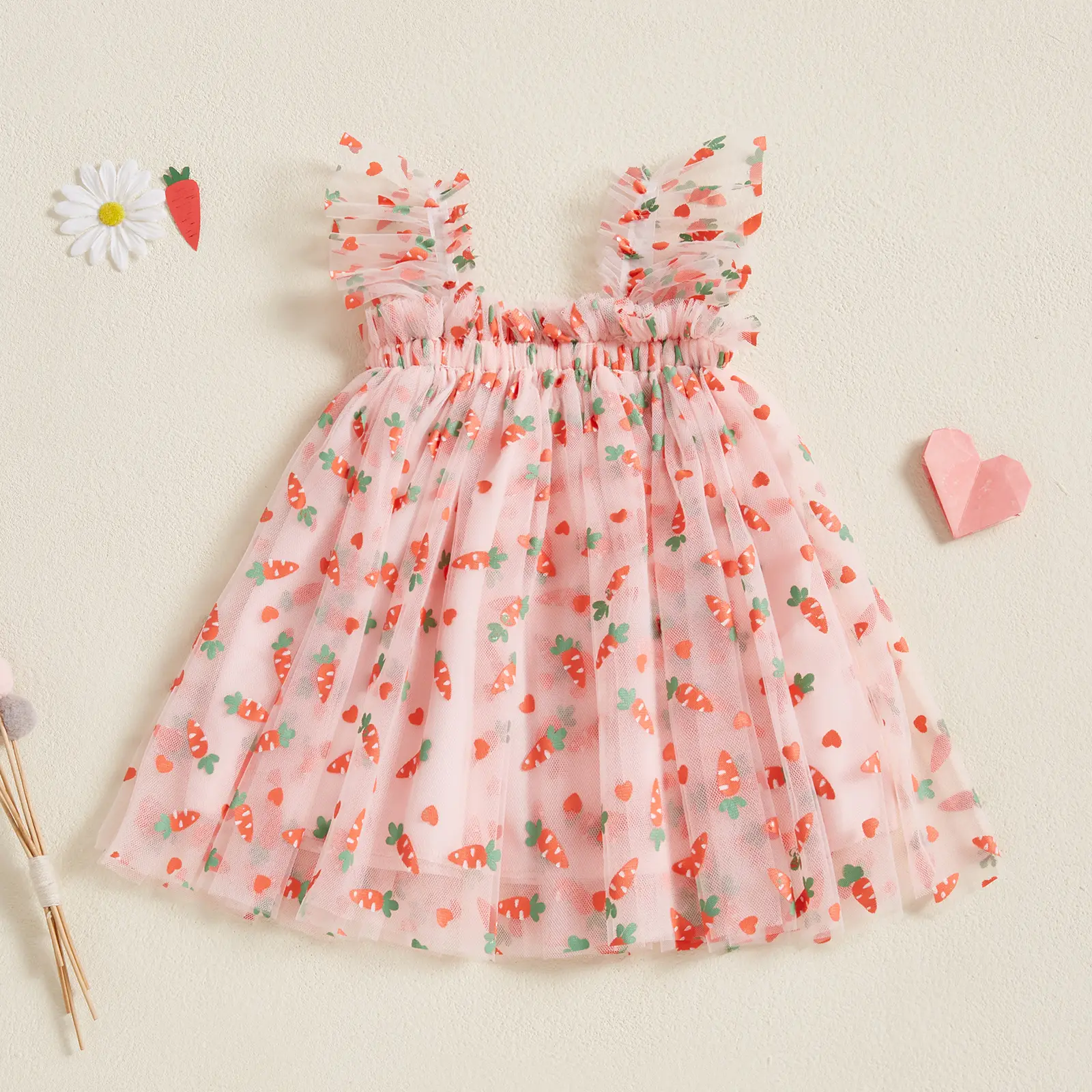 Toddler Girls Sleeveless Dress Easter Outfit Casual Summer Carrot/Rabbit Print Mesh Tulle Dress for Cute Clothes