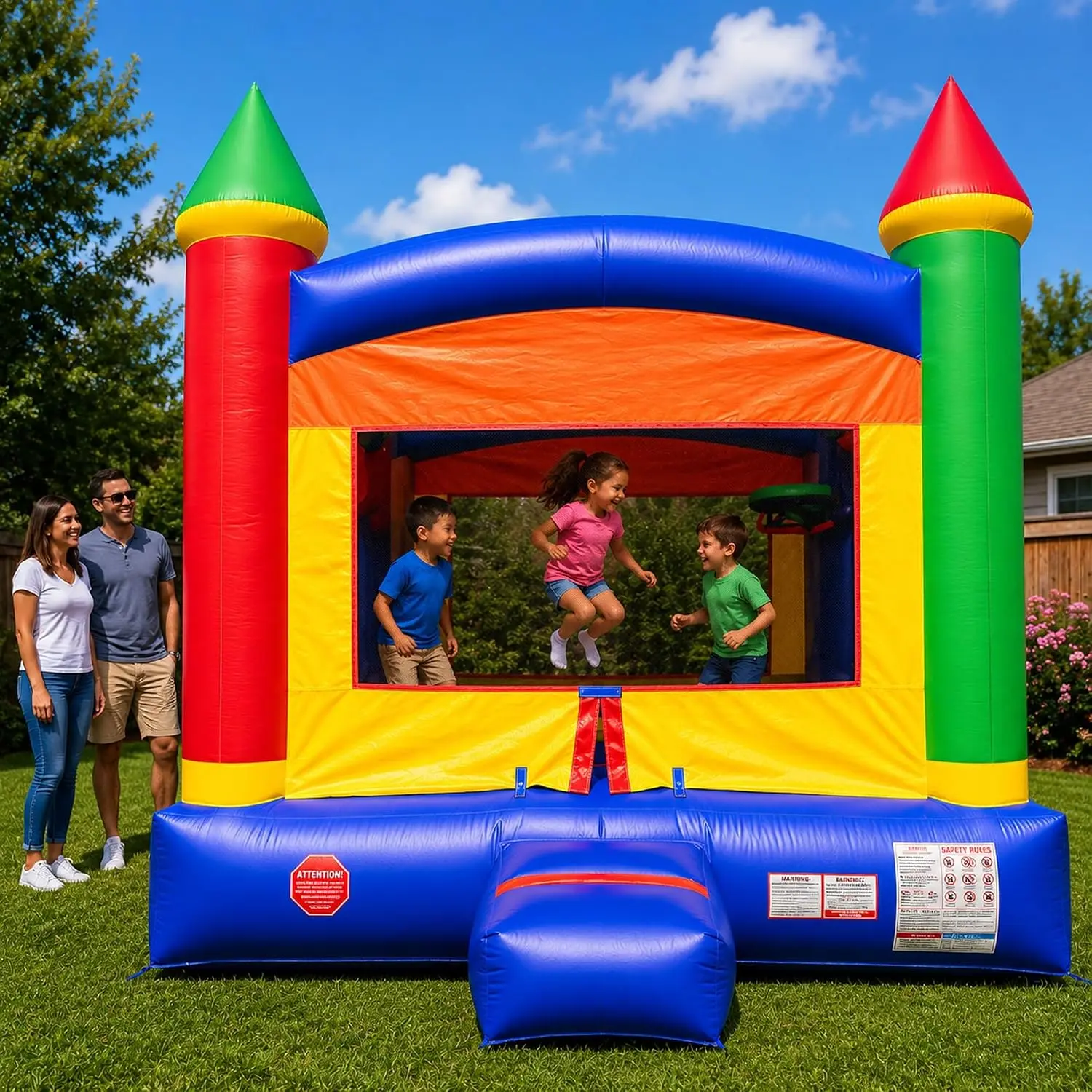Pogo Bounce House Commercial Inflatable Jump Castle & Blower, Rainbow | Heavy-Duty 15oz PVC Vinyl in Stress Areas, Jump Castle w/ Stakes & Storage Bag, 13' L x 12' W x 14.5' H, 700lb Capacity