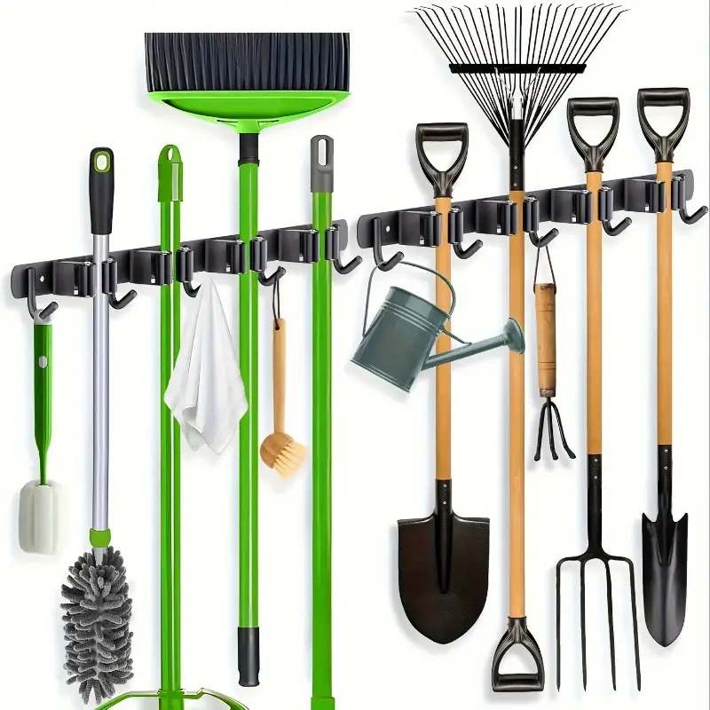 1 Heavy Duty Stainless Steel Wall Mounted Hanging Gardening Tool Shelf with 4 Layer Shelves and 5 Hooks - Rust Resistant Powder Coated Multipurpose Shelf for Garages, Kitchens, Outdoor Storage, Garden tools - Space Saving Design, Durable Tool Shelf