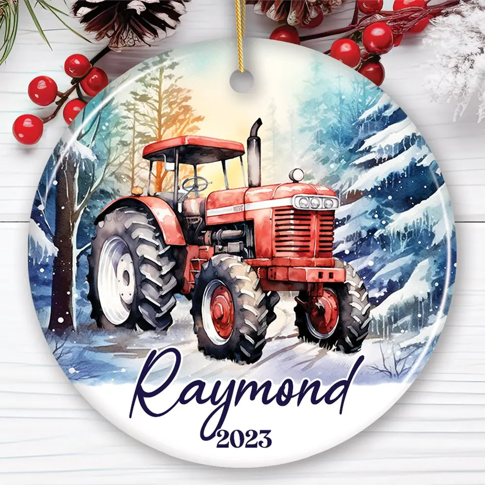 Vintage Tractor Personalized Ornament, Pristine Snowy Serenity Christmas Gift With Custom Name and Date