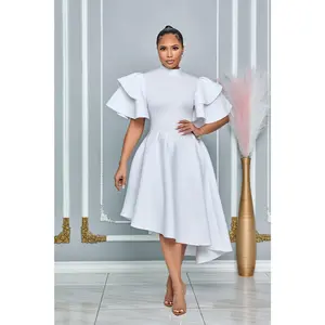 MOCK NECK RUFFLED SLEEVE FIT AND FLARE MIDI DRESS (WHITE)