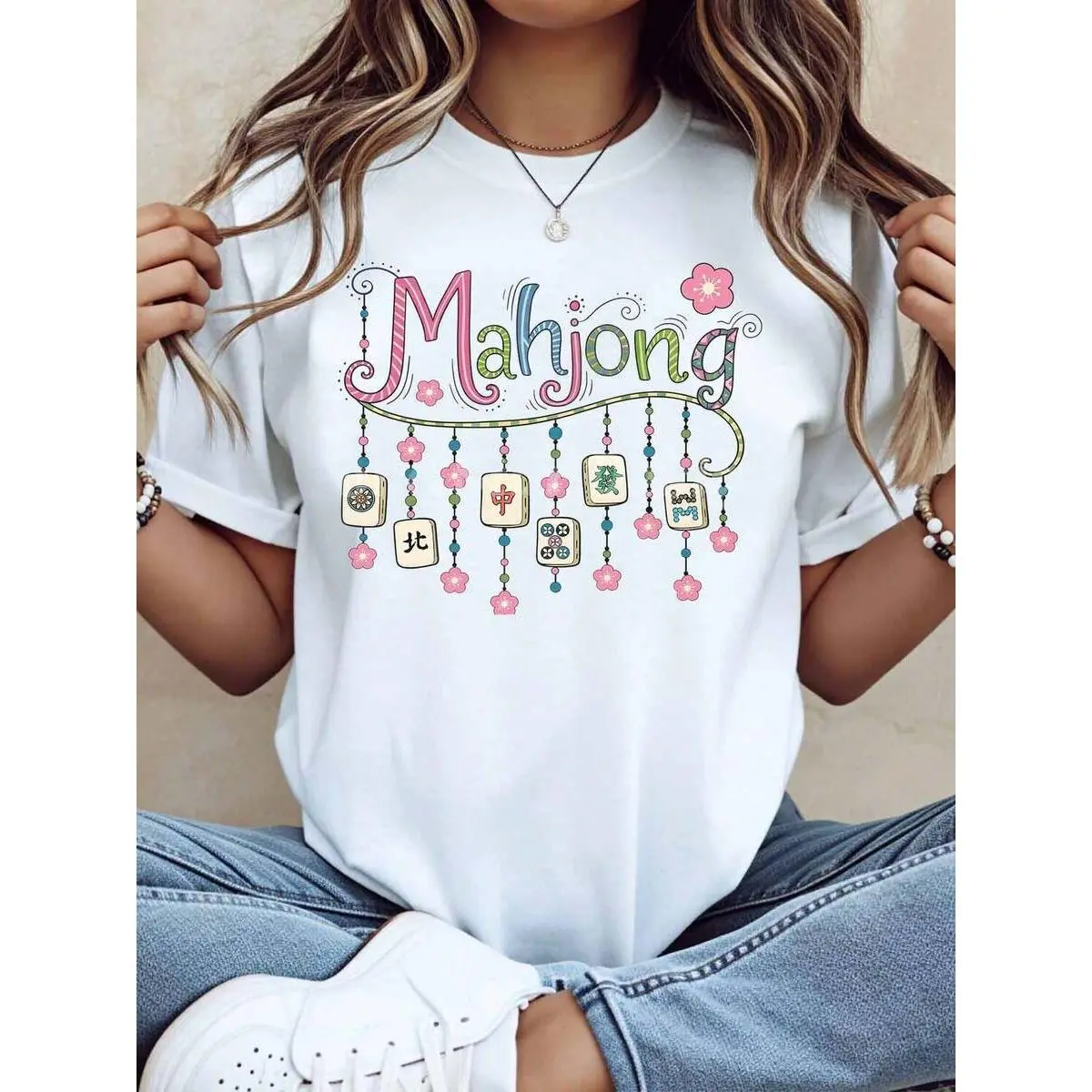 Mahjong Theme T-Shirt With Colorful Mahjong Tiles And Floral Design For Casual Wear 220g