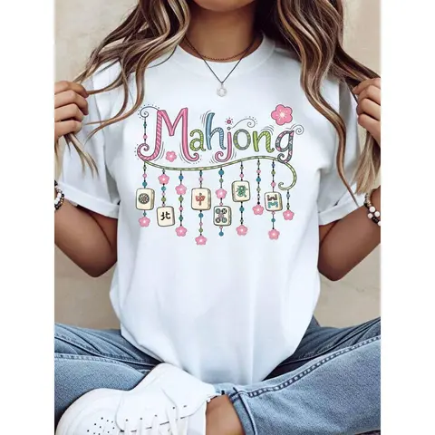 Men's Mahjong Floral Graphic T-Shirt, Oversized Loose-Fit 100% Cotton Top, Breathable Shortsleeve Casual Wear