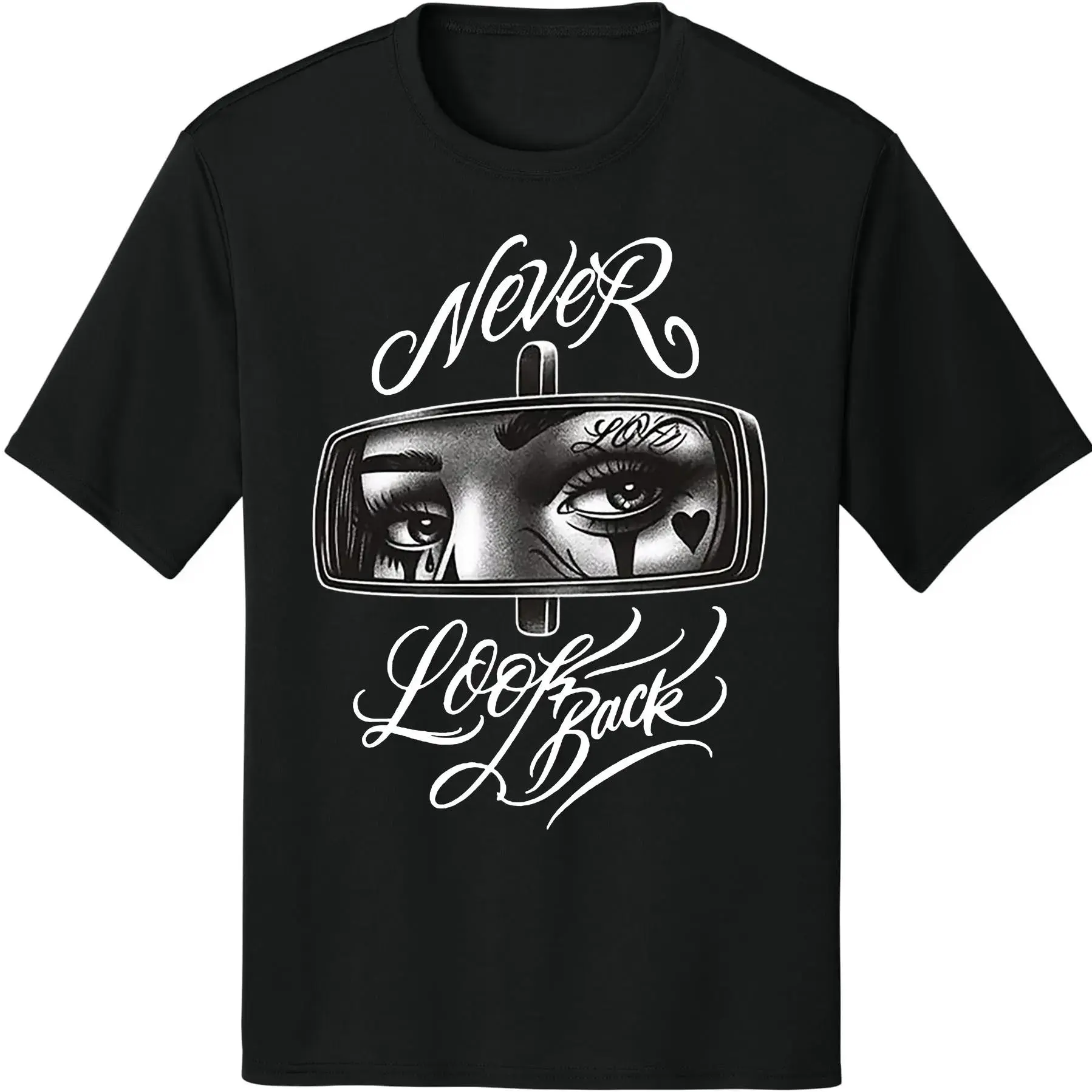 Never and Look Art Chicano T-Shirt – Chicana Art Graphic Tee, Lowrider & Cholo Streetwear, Gangster Style Urban Fashion, Unisex Casual Top for Men & Women, Latino Culture Inspired Shirt graphic tees