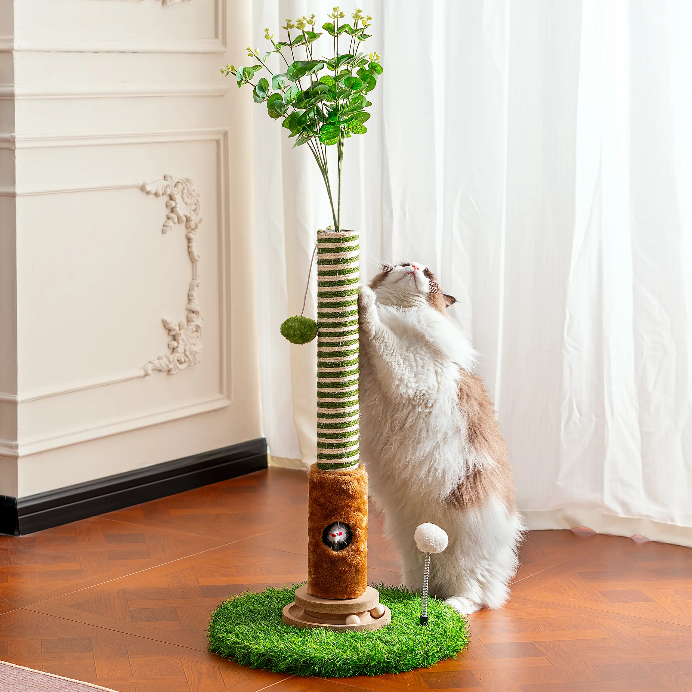 39.37” Tall Dual-Tone Sisal Rope Cat Scratching Post, Gentle on Paws Natural Tree Design Tower with Interactive Ball, Mouse Hole, Realistic Grass & Leaves for Indoor Felines