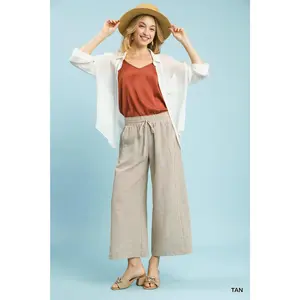 Umgee Tan Striped Linen Blend Wide Leg Pants
