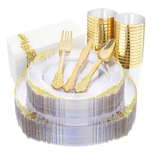 1 Set Golden Tableware,Clear Gold Plastic Dinner Plates, Party Decorations, Including Disposable Plates, Forks, Spoons, Cups, and Napkins, Suitable for All Kinds of Parties, An Essential Kitchen Cutlery Set.Available for 10 PeopleS.