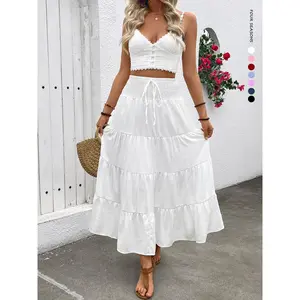 Women's Plain Boho Style High Waist A-Line Skirt, Woven Elasticity Loose-Fitting Long Dress with Adjustable Drawstring Design, Casual Fashion for All Seasons