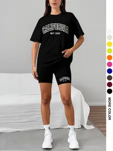 Women's Two-Piece Set    City Name Letter Print   Letter Print  Short Sleeve Round Neck Top   Printed Tight Shorts  Perfect for Commuting  Daily Wear  Outdoor Activities