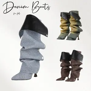 Women's Denim Stiletto Boots Wide Calf Ruched Slouchy Boots High Heels Pointed Toe Boots for Fall