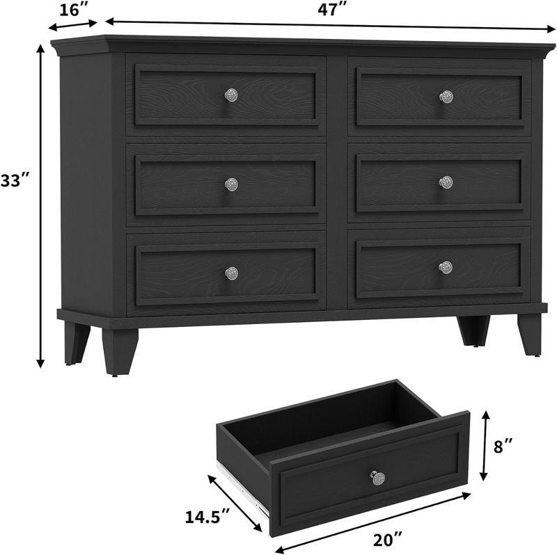 Farmhouse Black Dresser for Bedroom with 6 Drawer, Double Dresser TV Stand with Vintage Handle, Wide Wood Dressers & Chests of Drawers, 6 Drawer Dressers for Bedroom, Living Room, Hallway