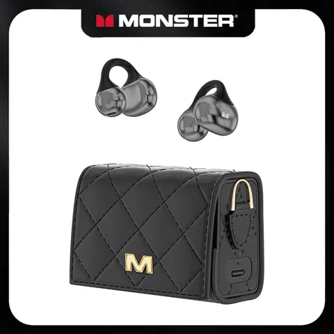 MONSTER Open Ear Clip-On Bluetooth 6.0 Wireless Earbuds Headset - 10mm Dynamic Driver Stereo Audio, 3.7g Lightweight Comfort, Sweatproof, 100H Playtime, Mini Purse Design, Charging Case, Remote Control, Fashion Meets Technology, Great Gift for Women