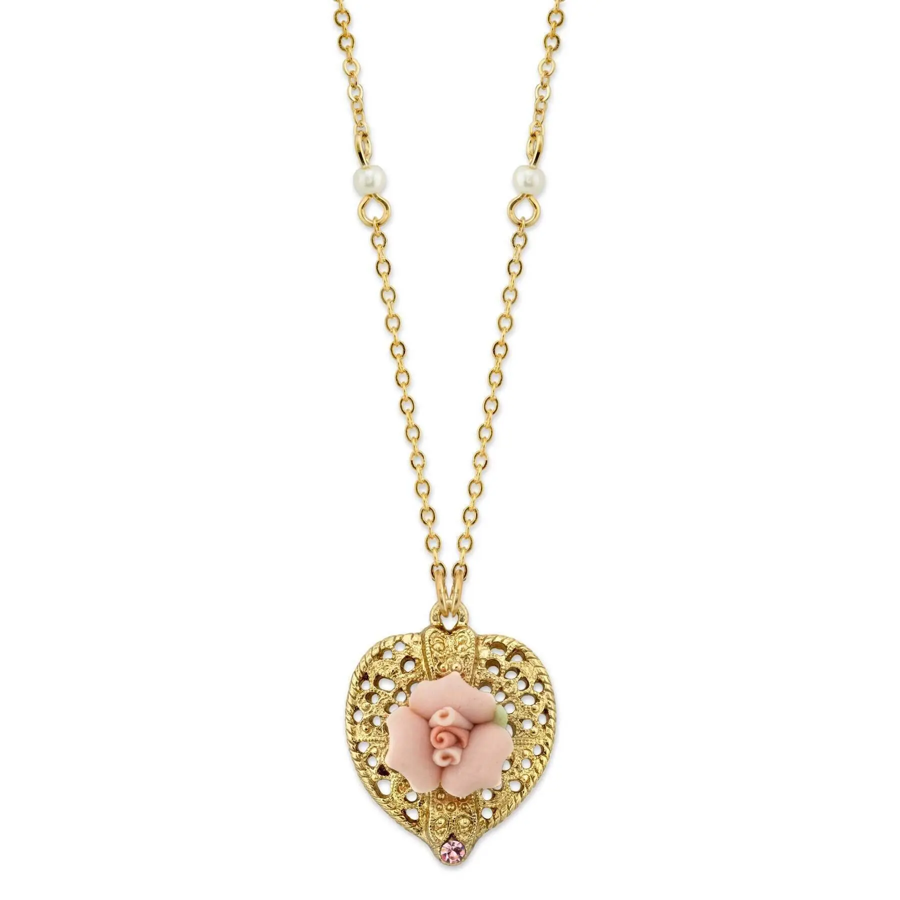 Pink Crystal Heart And Pink Porcelain Rose Filigree Pendant Necklace 16" + 3" Extender