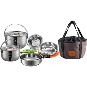 Camping Cookware Set Stainless Steel Outdoor Nesting Cooking Mess Kit Pots Pans Bowls with Storage Carrying Tote Bag