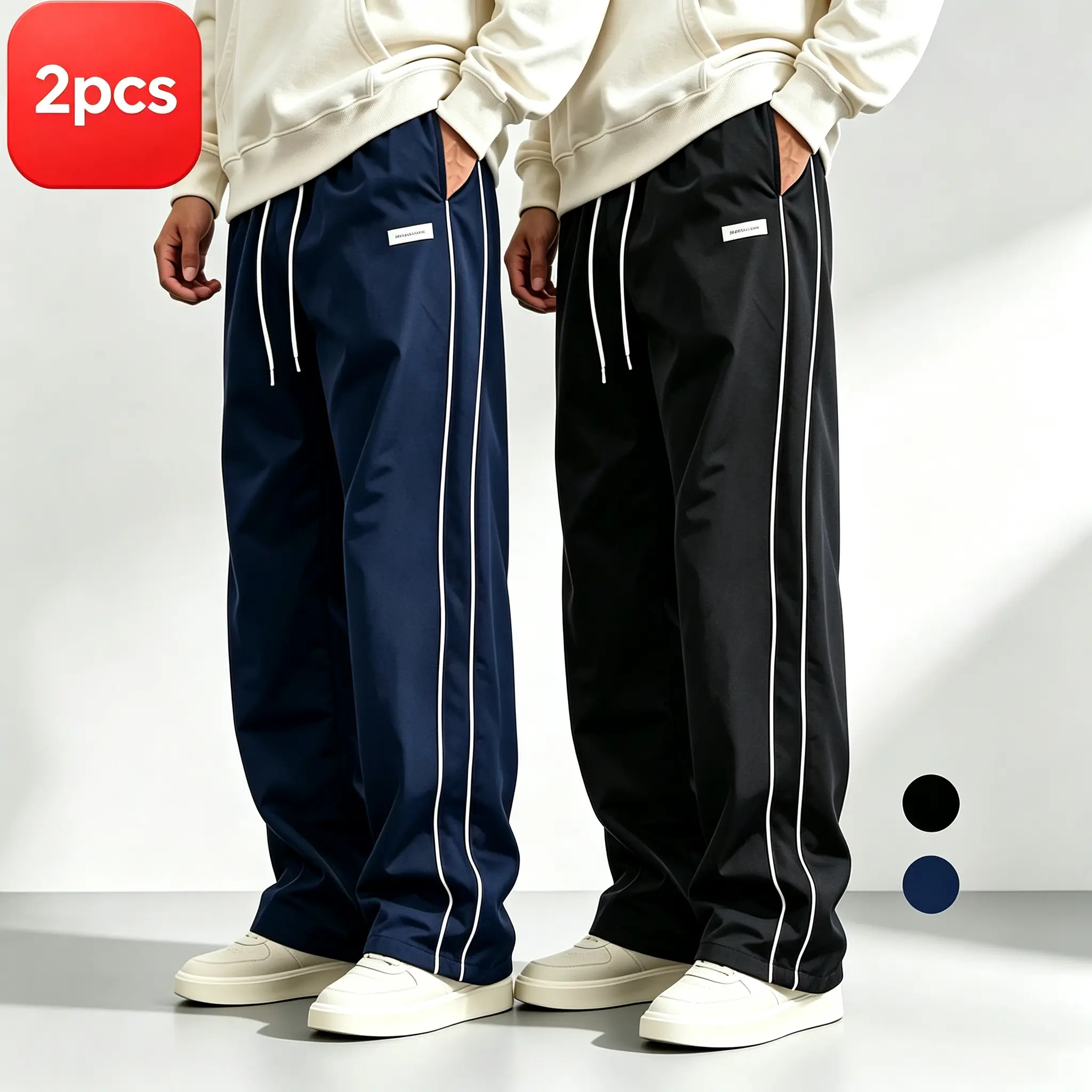 2-pack men’s casual wide-leg sports pants with two white side stripes, elastic drawstring waistband, smooth drape, minimalist loose straight cut, versatile streetwear for everyday wear