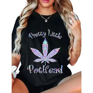 Unisex Fitted Short-Sleeve T-Shirt - Geometric Round Neck, "Pretty Little Pothead" Funny Weed Print, Fashion Streetwear Sports Top for Party & Daily Wear