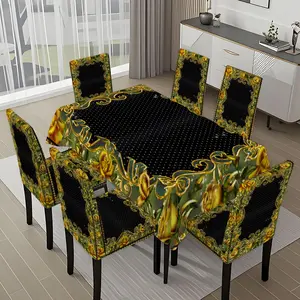 5/7-piece 2D Flat Printing Yellow Green Gold Floral Border Printing Pattern Tablecloth and Chair Cover Set, for dining table and chair decoration, perfect for home, holiday gatherings, restaurants, and parties.
