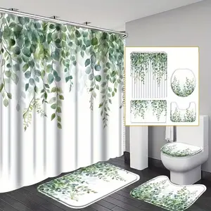 1/4pcs Watercolor Eucalyptus Leaf Shower Curtain Set, Non-Slip Rug, U-Shaped Mat, Toilet Lid Cover, Perfect for Bathroom Decor