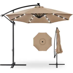 [With BASE]10ft Solar LED Offset Cantilever Hanging Market Patio Umbrella, 8 Sturdy Ribs, Easy Adjustment - Tan