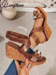 Luxury Rhinestone Wedge Sandals, Vintage Antique Copper Snake Pattern Strap, Diamond Buckle, Elevate Your Style, Spring Summer Fashion Shoes