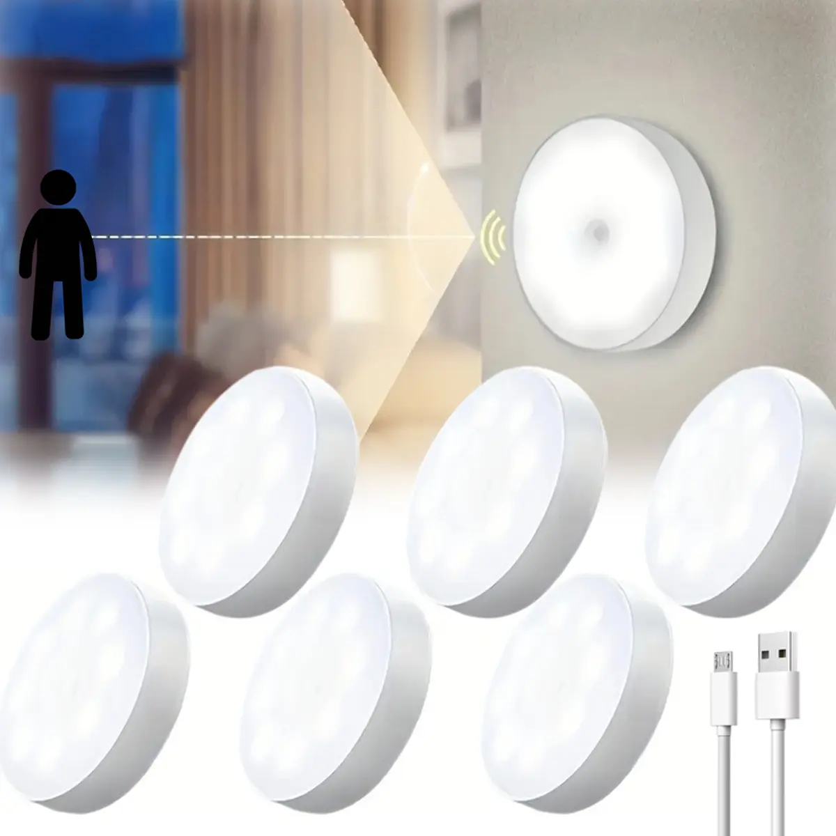 6-Pack Rechargeable Under Cabinet LED Puck Lights with Wireless Motion Sensor Dimmable Magnetic Design 3000K Warm White USB Kitchen Home Organizer Light