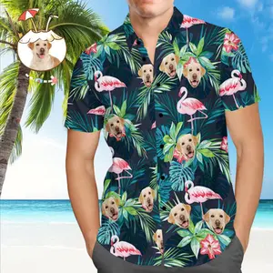 Face on Shirts Custom Hawaiian Shirt with Face Leaves & Flamingo Button Down Shirts, Trendy Hawaiian Shirt for Men and Women, All over Print Hawaiian Perfect for Beach, Vacation, or Casual Summer Outfit