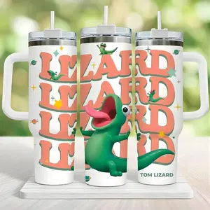 Funny Lizard Doodle Pattern Tumbler 40oz Cute Green Gecko Cartoon Reptile Lover Gift Cup With Handle And Straw