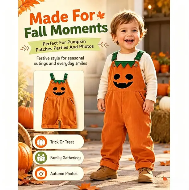 Baby Pumpkin Overalls - Soft Corduroy Halloween Romper for Toddlers, Cute Jack-O-Lantern Face Design with Adjustable Straps, Fall Costume Outfit for Pumpkin Patch Parties and Autumn Photos