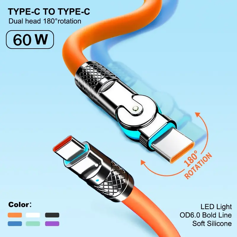 6a Super Fast Charging Type-C Silicone Rotating Rotatable Design Bendable Cable, 1m/2m Multiple Lengths USB Data Line, USB C Charger Cable 60w, High-Speed Charging, Mobile Cellphone Electronic Smartphone