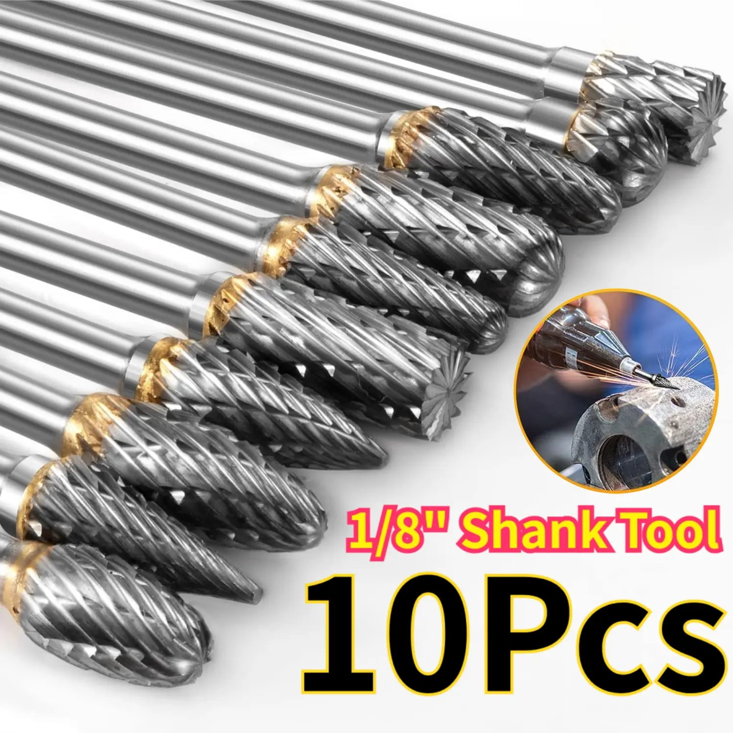 10Pcs Double Cut Carbide Burr Set, 1/8'' (3mm) Shank Diameter, 6mm Cutting Edge Diameter, Rotary Tool & Die Grinder Compatible, for Touch-Up, Engraving, Finishing Mold Cavities, Fast Chip Removal