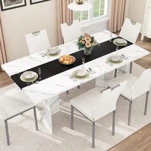 71 Inch Rectangular Dining Table For 6-8 People, Farmhouse Wood Kitchen Table With Wooden Legs, Farmhouse Center Kitchen Table For Dining Room, Kitchen & Living Room outdoorfun