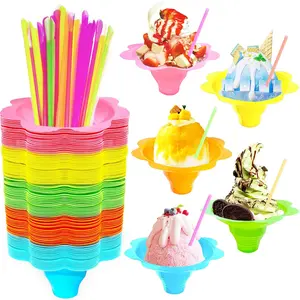 200PCS 4oz Colorful Snow Cone Cups Set with 100Pcs Spoon Straws Plastic Reusable Flower Shaved Ice Drip Cups Snack Ice Cream Bowls for Birthday Party Holiday Summer