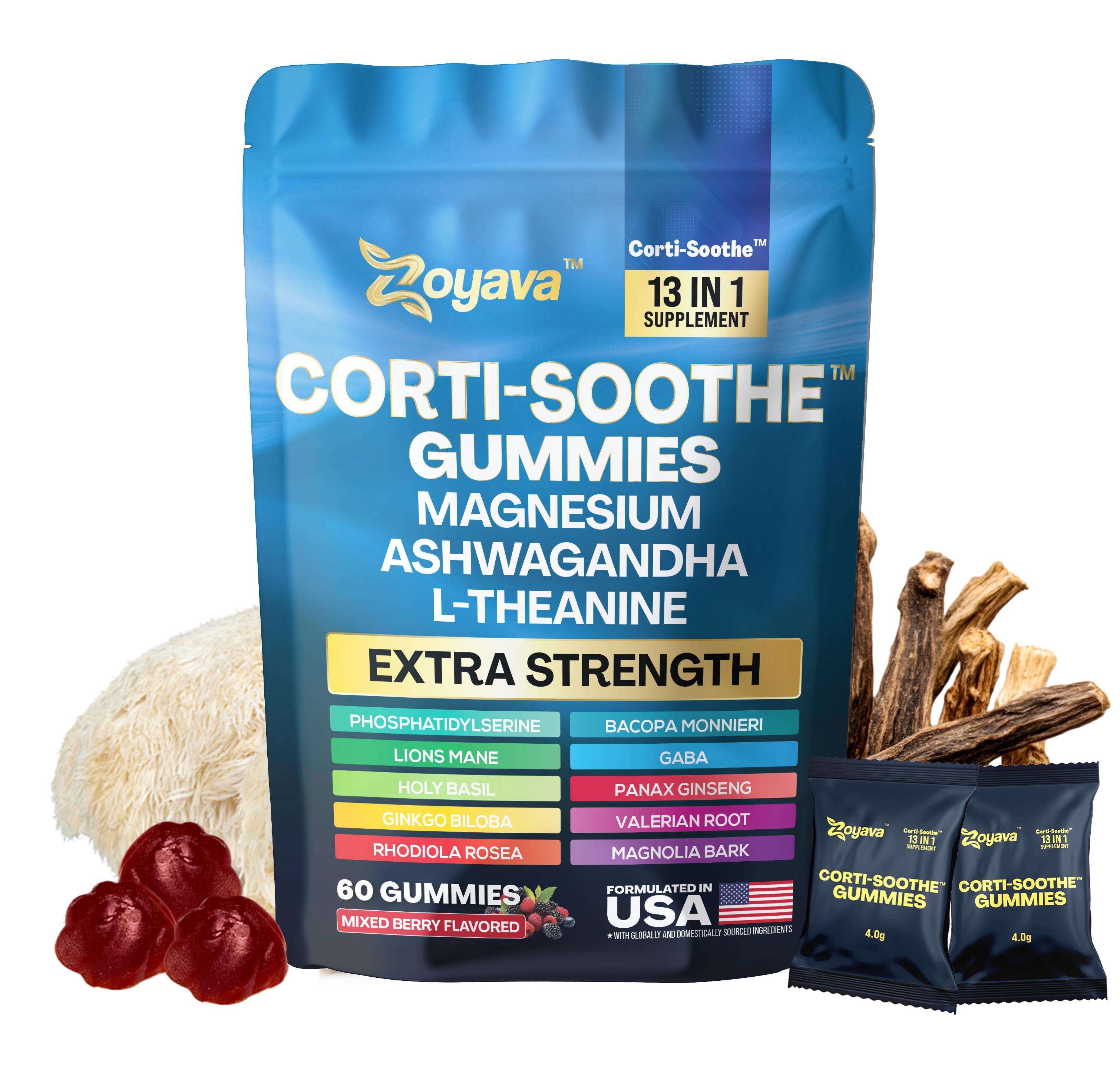 Zoyava Corti-Soothe Gummies - Mixed Berry Flavored All-in-One Cortisol Supplement with Magnesium, L-Theanine, Lions Mane