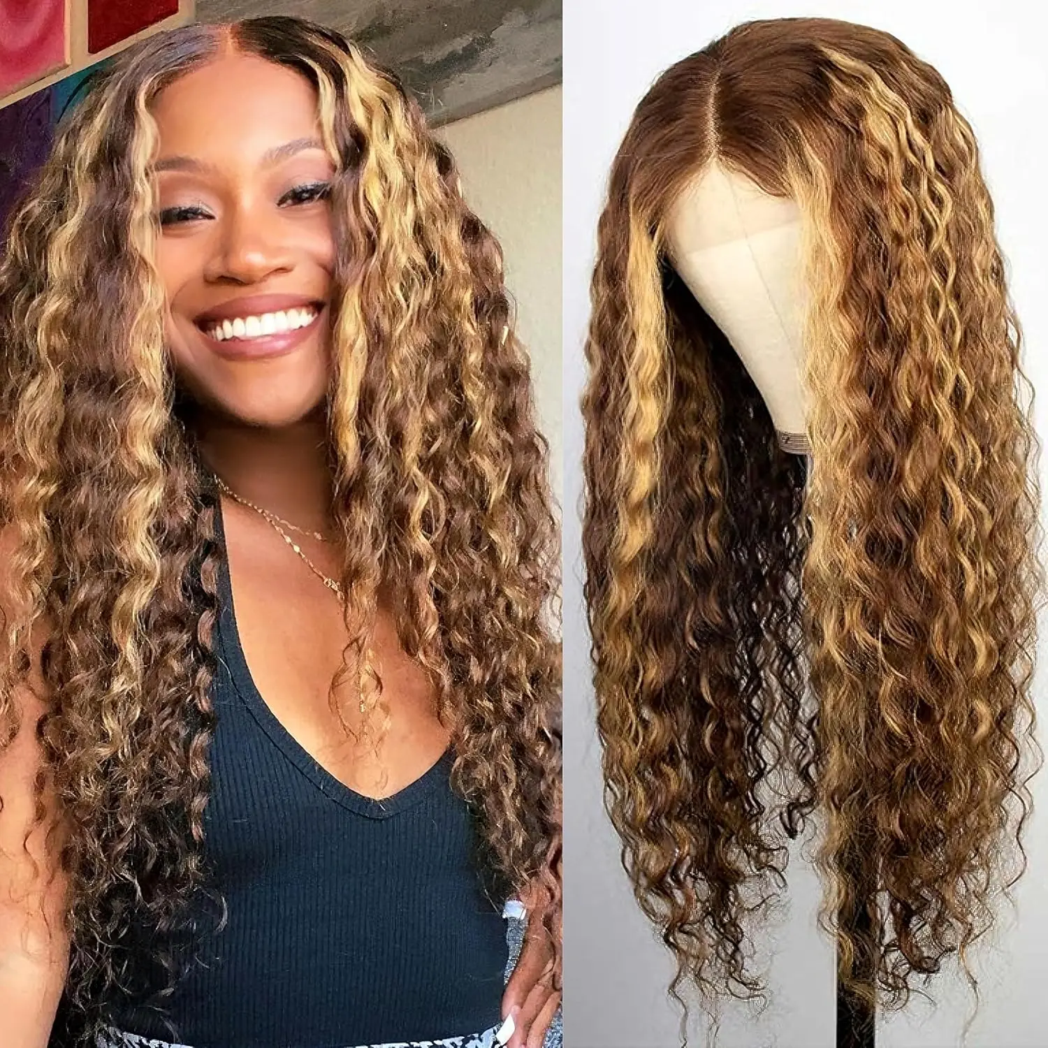 36 Inch 13x4 Deep Wave Lace Front Wigs Human Hair Pre Plucked 4/27 Highlight Ombre Colored Glueless Wigs Water Wave Honey Blonde Lace Frontal Wigs Human for Women with Baby Hair