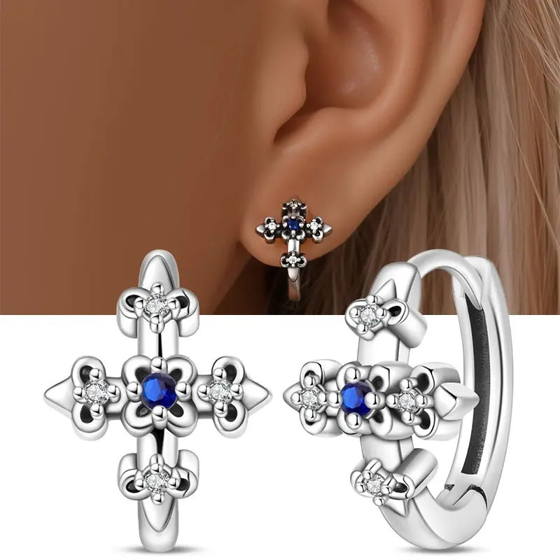 Hoop Earrings for Women Men, 925 Sterling Silver with Mismatched 17mm Cross & Star Dangle Charms, Hypoallergenic Birthday Christmas Gift, Mother's Day Gifts, Christmas Gifts