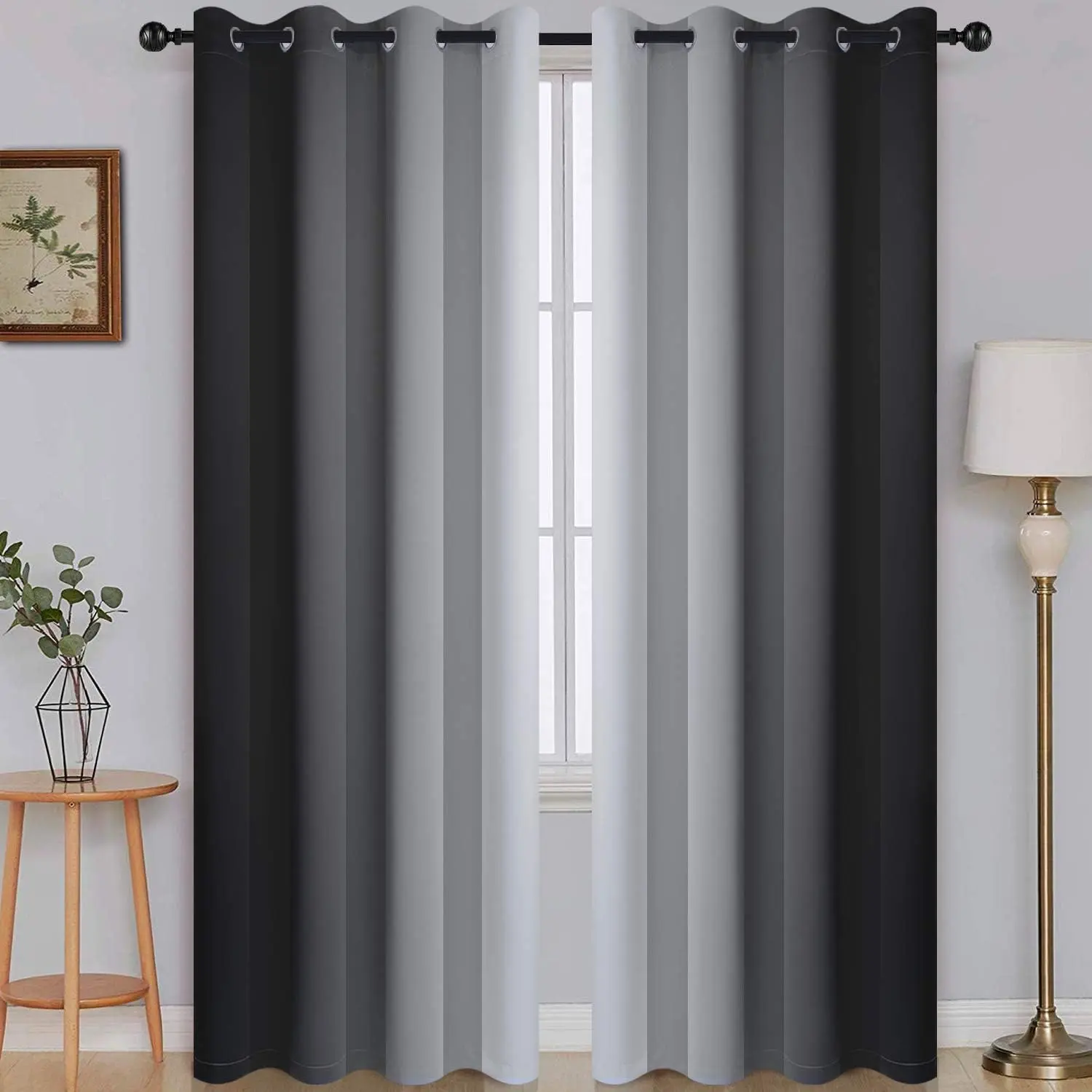 Curtains for Bedroom, Gradient Black to Grey White Light