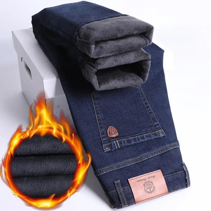 Men's Warm Jeans New Style Winter Classic Style Business Denim Casual Thicken Slim Fit Denim Pants Black Blue Elastic Trousers Men's Warm Jeans New Style Winter Classic Style Business Denim Casual Thicken Slim Fit Denim Pants Black Blue Elastic Trousers