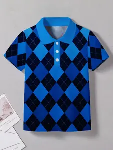 Boys' Blue Checkered Polo Shirt, Classic Grid Pattern, Slim Fit Casual Wear, All Season School Style, with Collar and Buttons