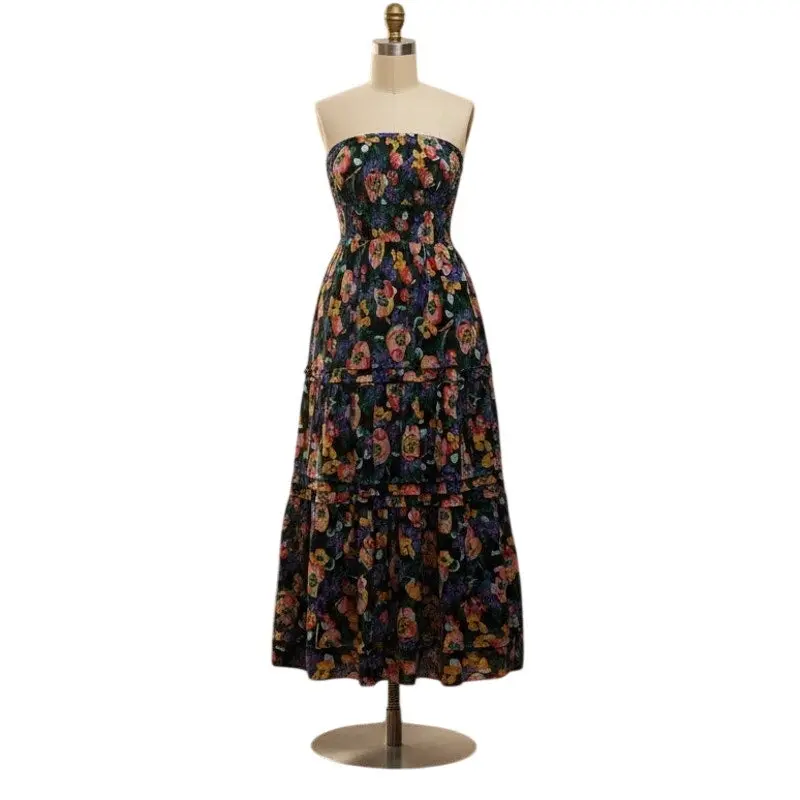 knee length dresses for ladies Anthropologie Maeve Somerset White Blue Floral A Line Tiered Maxi Dres –  Brie