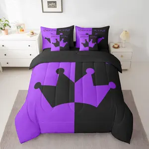 Crown and Comforter Set Sheets Soft Bedding Set,His and Hers Couple Bed in a Bag for Bedroom CollectionTeens,Romantic Valentine's Day Black and Purple Bedroom Collection