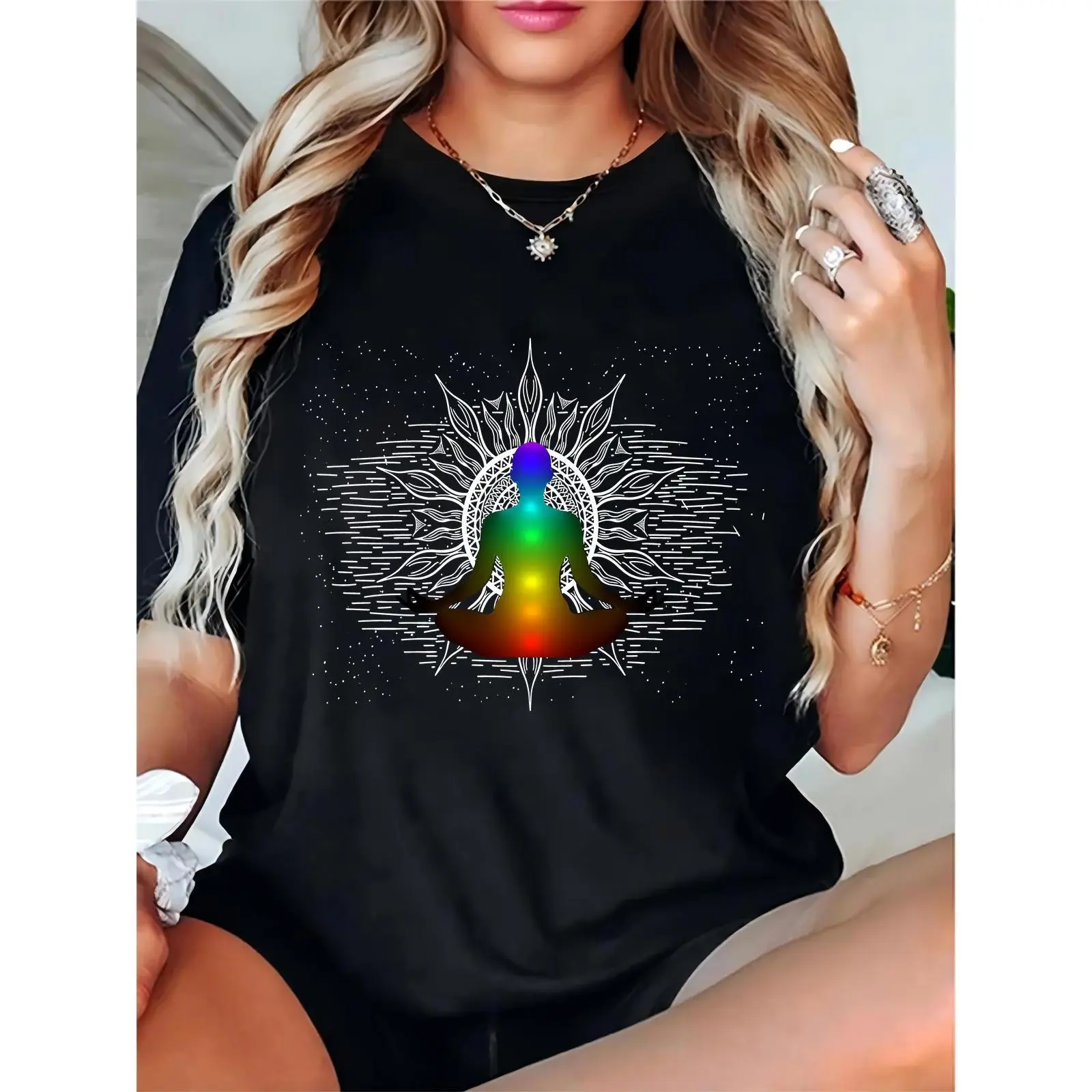 Women's Basic Cotton Rainbow Buddha Meditation Mandala T-Shirt - Fit, Breathable, Comfortable Yoga Pride Casual Tee, Ladies, Feminine, Essential, Elegant, Prints, Round Neck