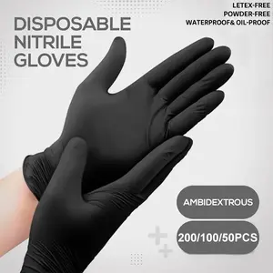 200/100/50 Pieces, Multipurpose Black Nitrile, Durable Cleaning Gloves, Alcohol-Free, Waterproof and Odorless, Suitable for Kitchen Waste Cleaning, Pet Washing, Outdoor Car Washing, Tattooing, Nail Art, Non-Medical Grade