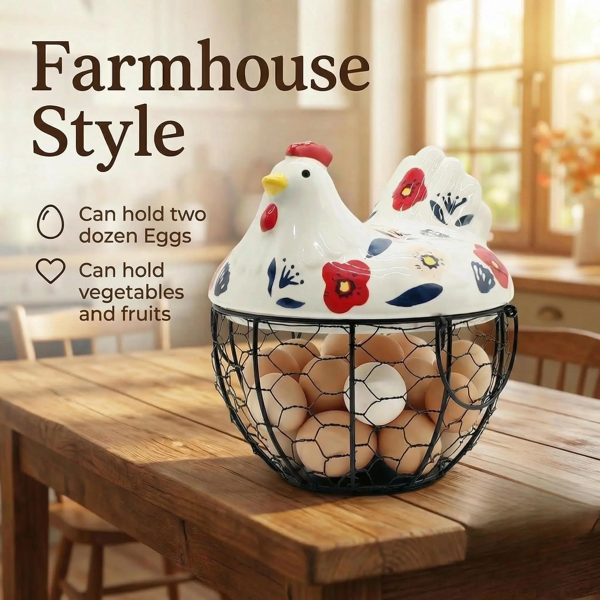 Round Ceramic Storage Tote Basket with Metal Wire & Dustproof Cover - Floral Farmhouse French Country Design, Kitchen Organizers and Storage for Fruit & Vegetables, Home Organizer