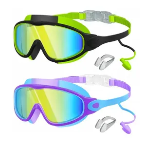 Swim Goggles, Kids Goggles with Earplugs& Nose Clip,Wide View Anti-Fog/UV Cool Swimming Goggles,Age 3-15,Boys&Girls, Outdoor Swimming Goggles